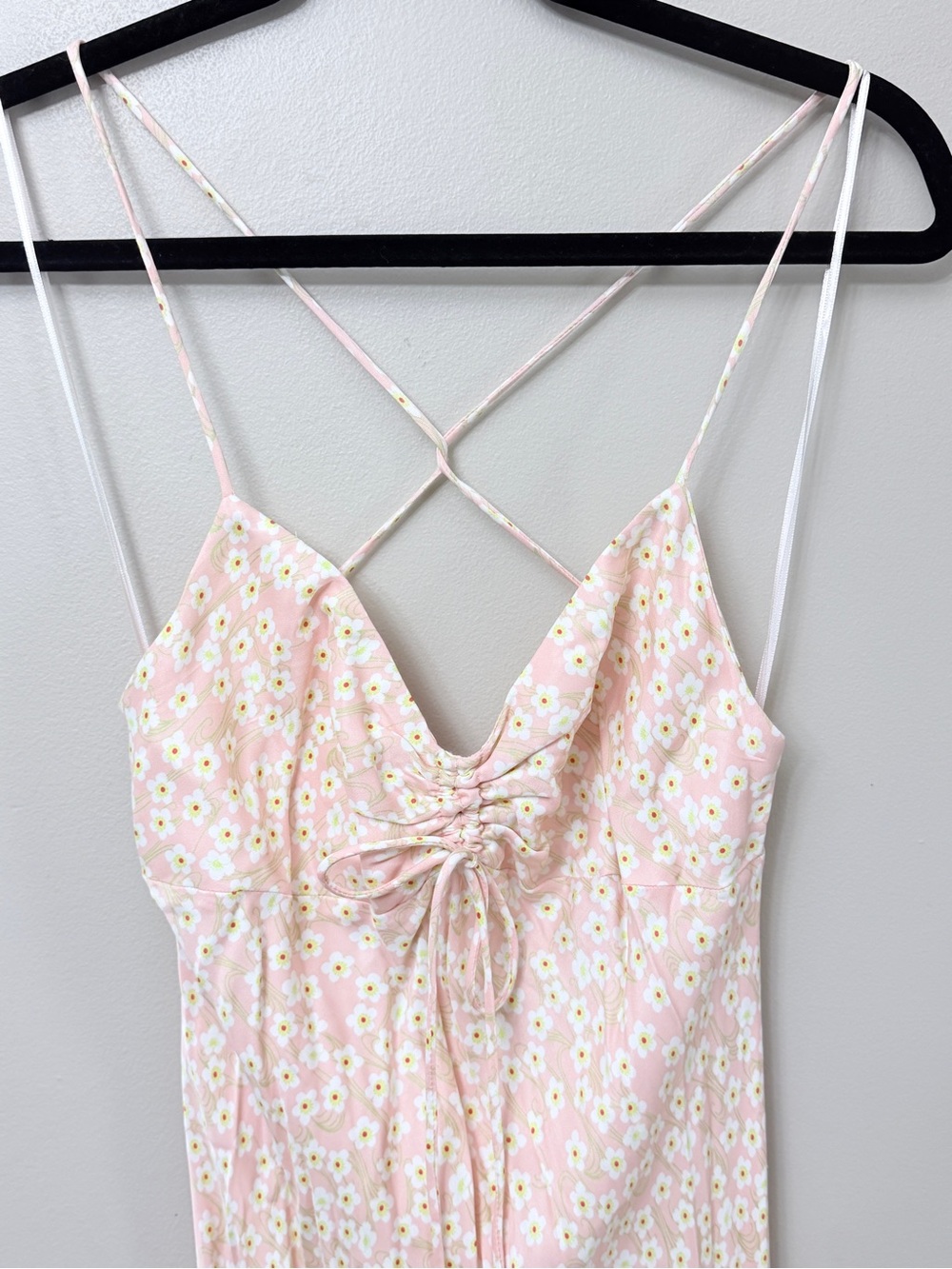 Zara Pink Daisy Floral Slip Maxi Dress Ruched Tie Front Satin size L - Picture 3 of 7